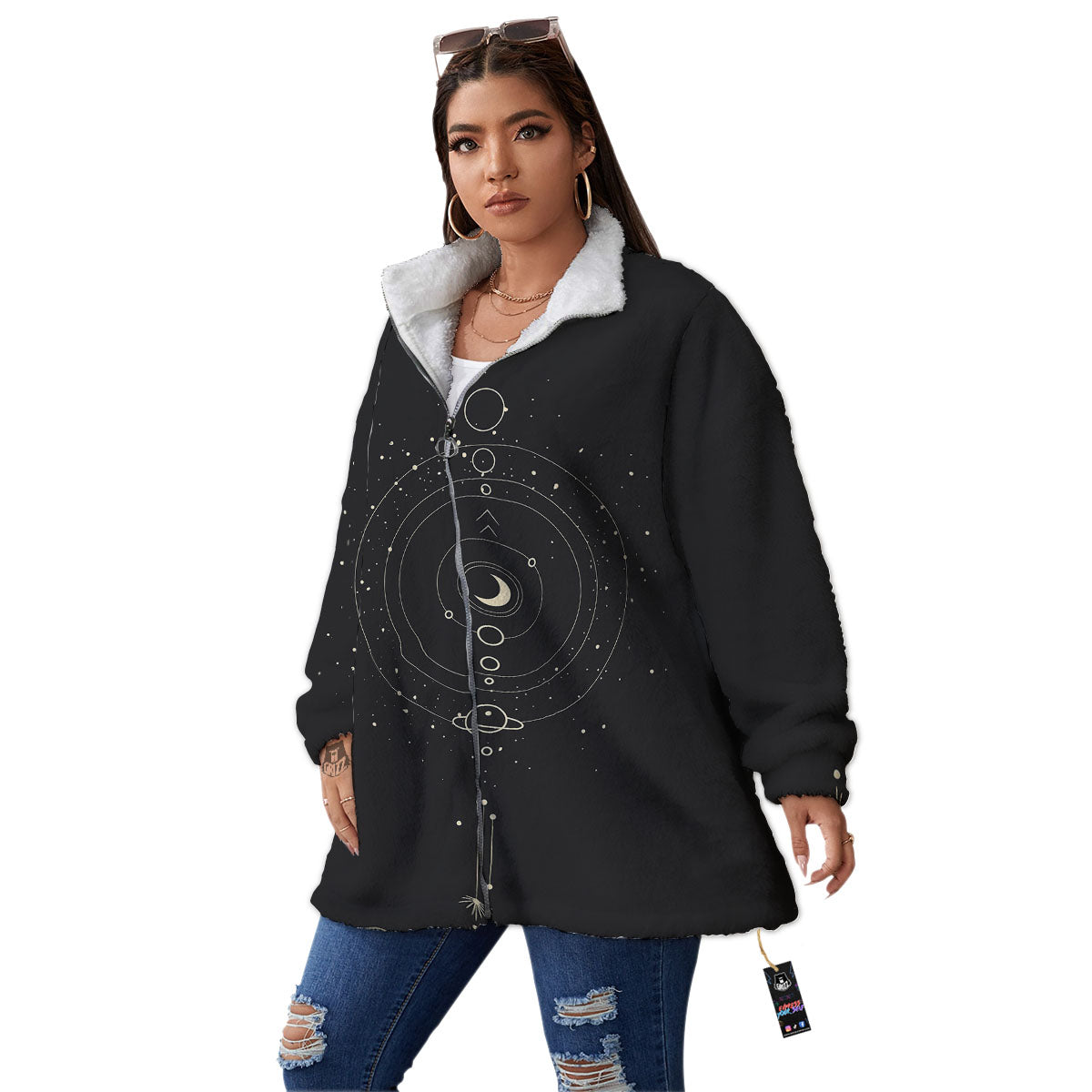 Moon Phase Galaxy Print Women's Sherpa Jacket-grizzshop