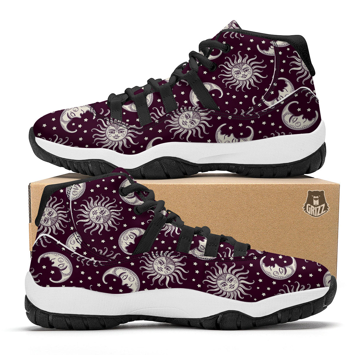 Moon Sun Celestial Pattern Print Black Bball Shoes-grizzshop