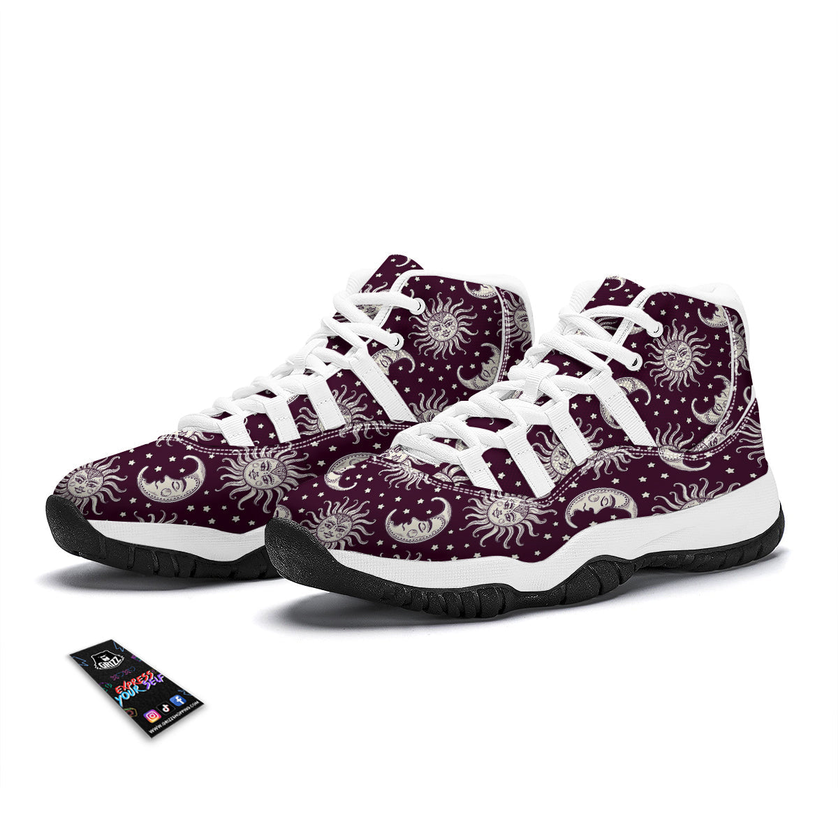 Moon Sun Celestial Pattern Print White Bball Shoes-grizzshop