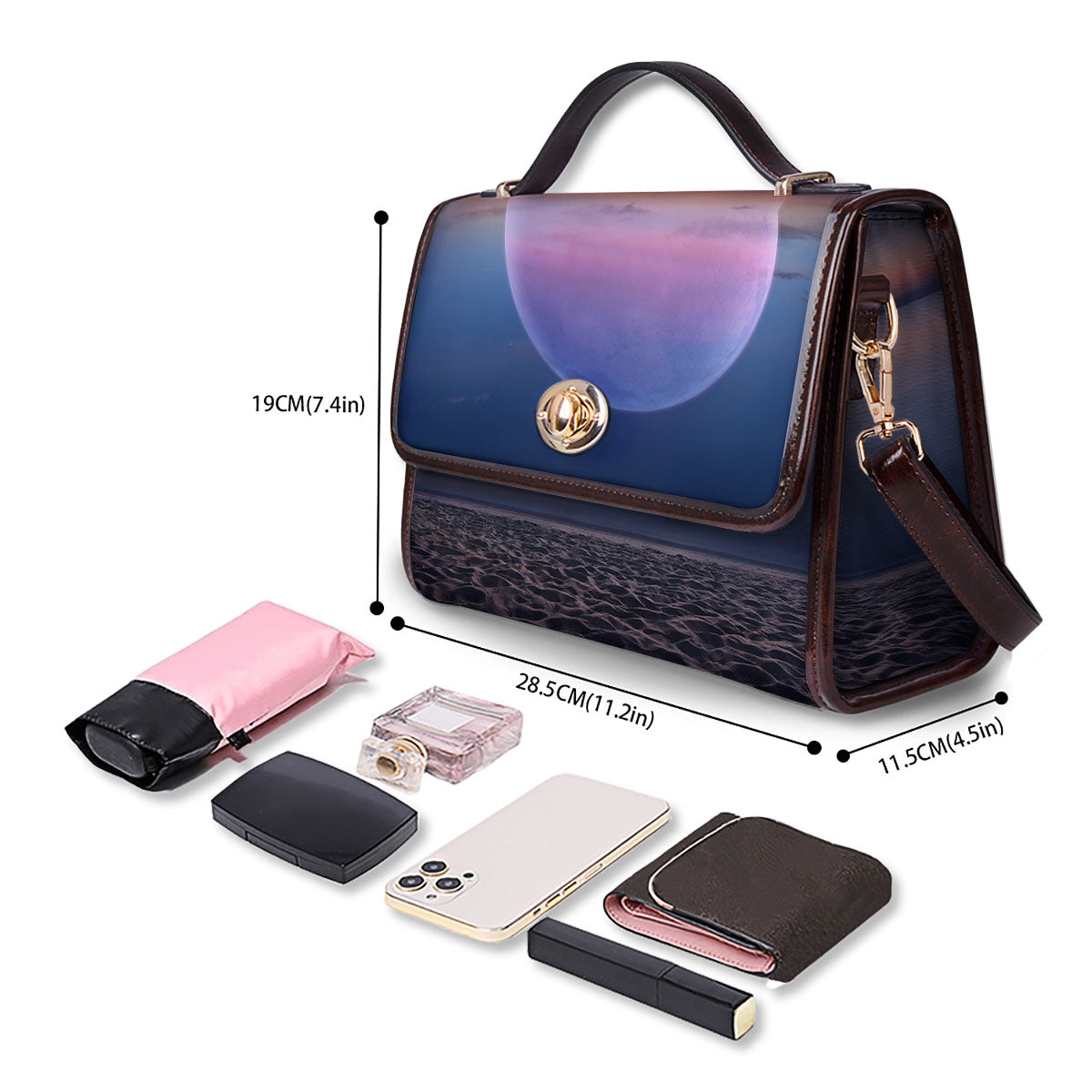 Moon And Beach Print Women's Satchel Bag