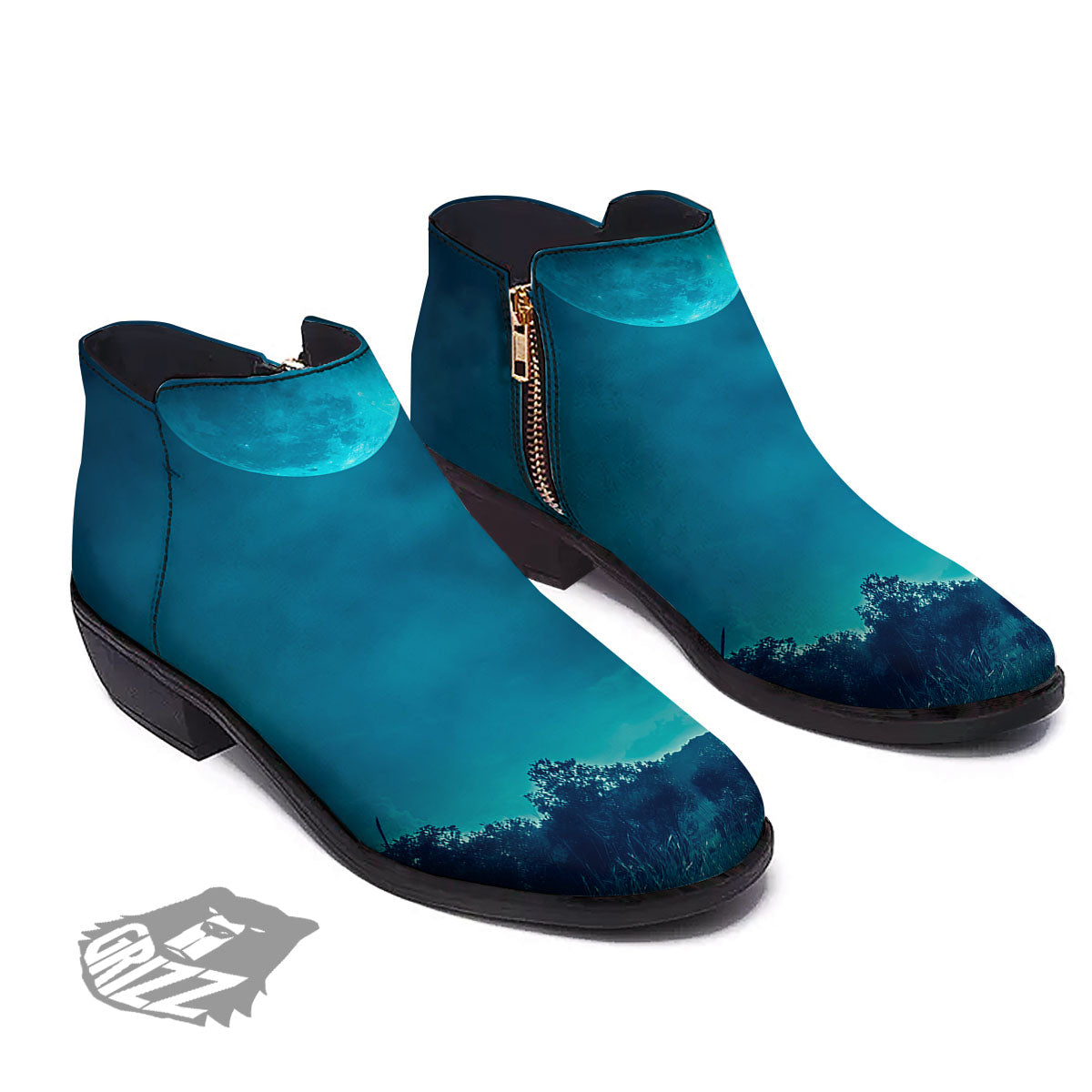 Moonlight And Night Forest Print Ankle Boots-grizzshop