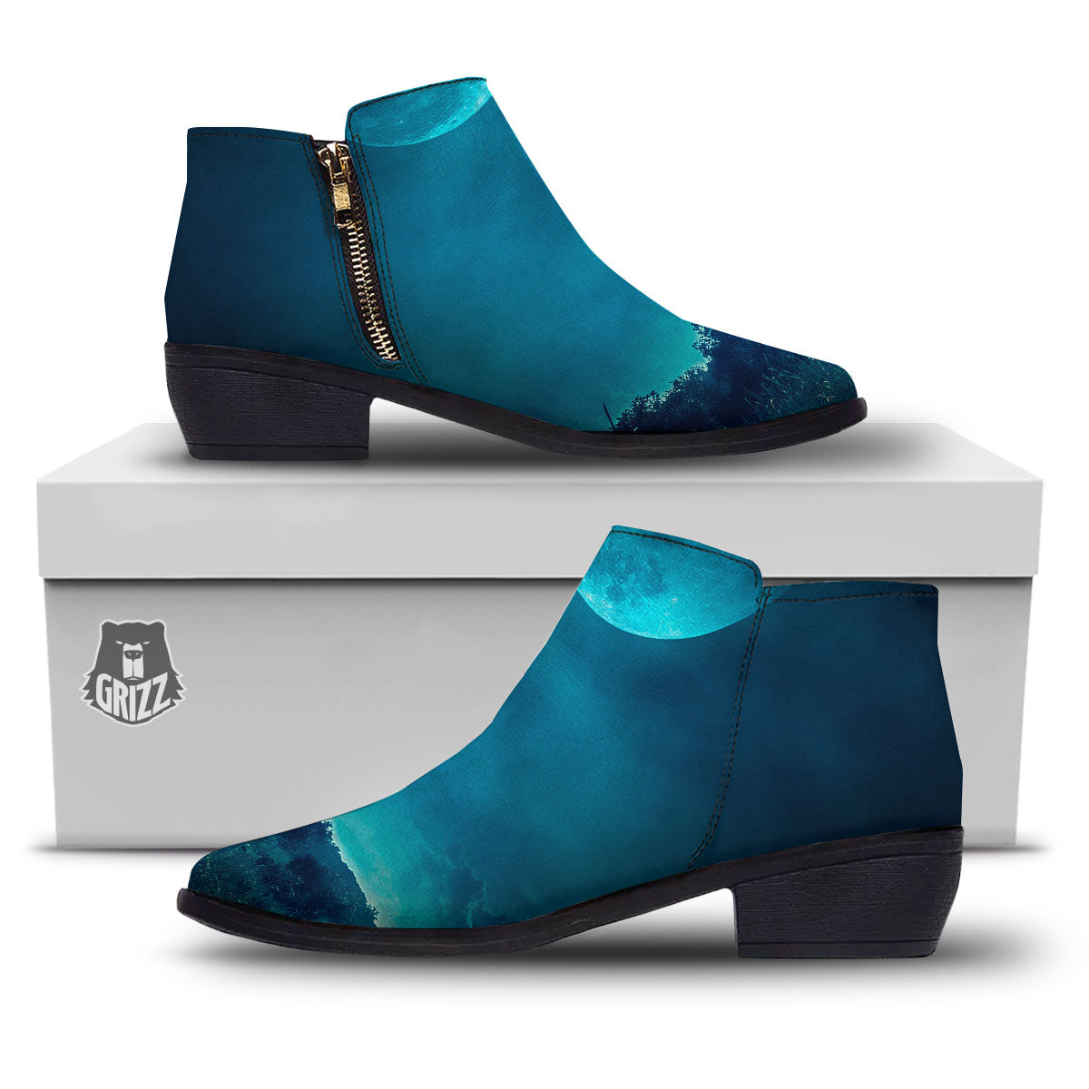 Moonlight And Night Forest Print Ankle Boots-grizzshop