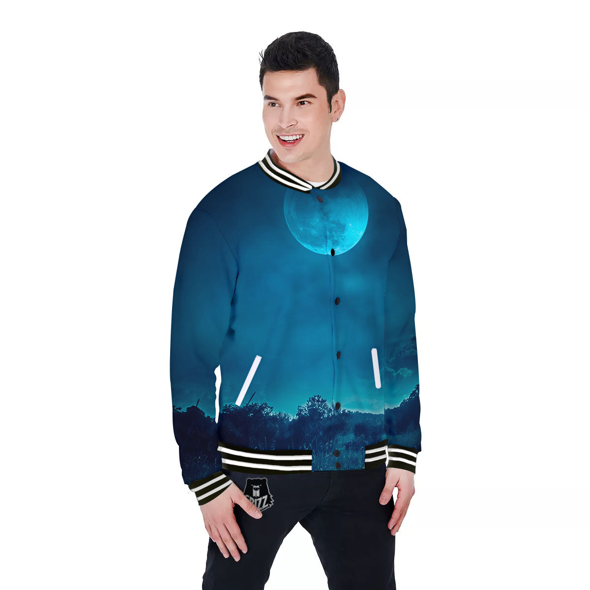 Moonlight And Night Forest Print Baseball Jacket-grizzshop