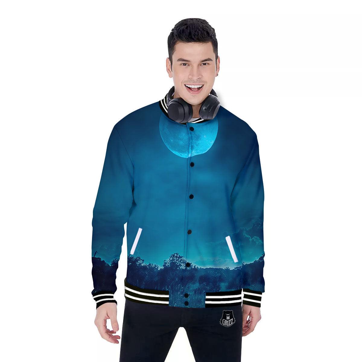 Moonlight And Night Forest Print Baseball Jacket-grizzshop