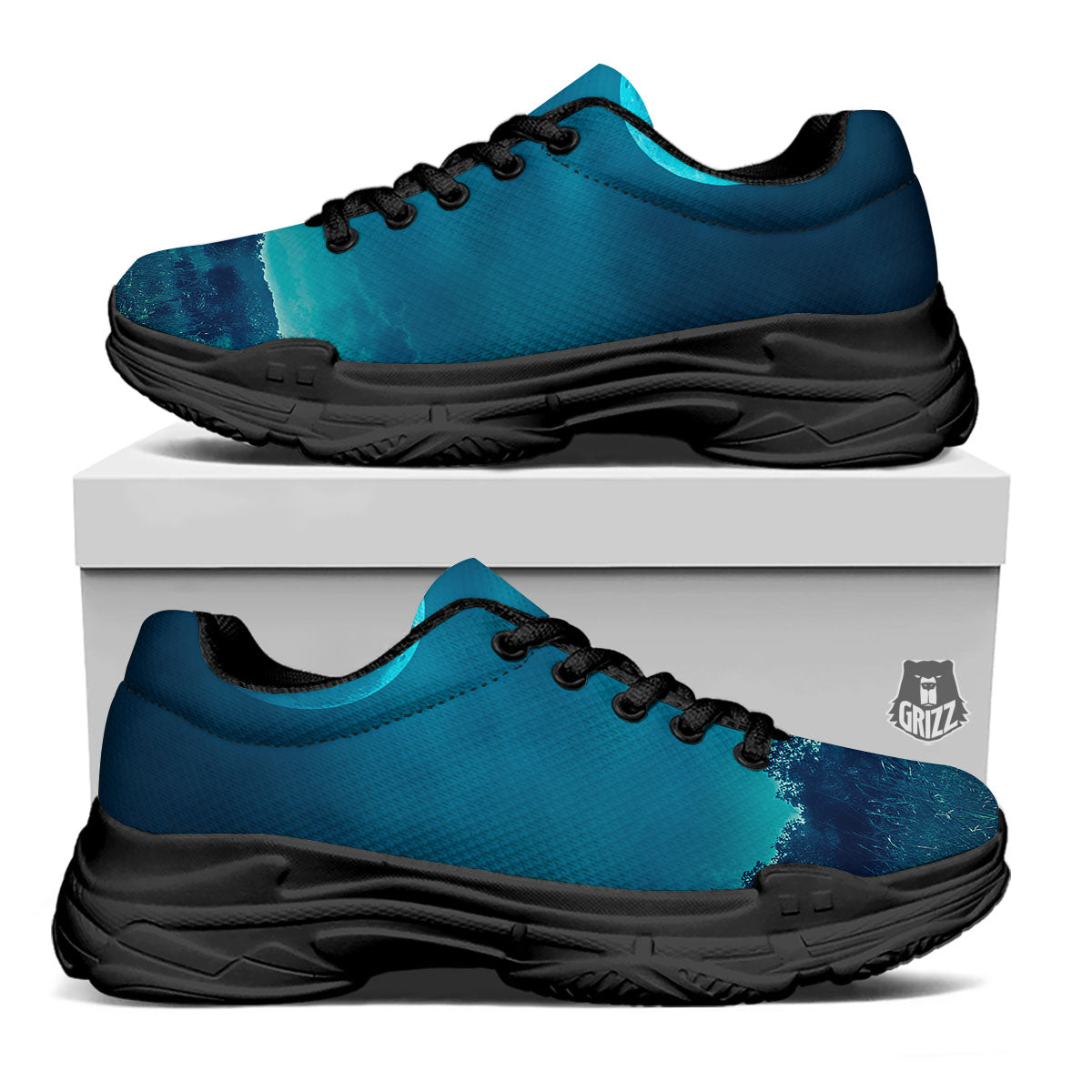 Moonlight And Night Forest Print Black Chunky Shoes-grizzshop