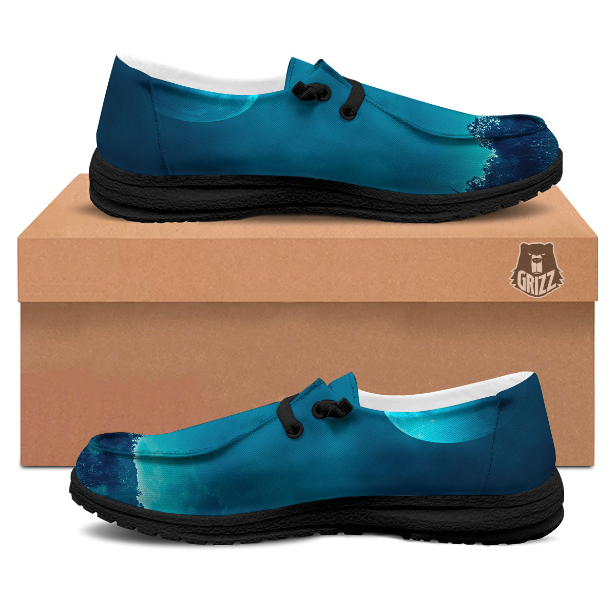 Moonlight And Night Forest Print Black Loafers-grizzshop