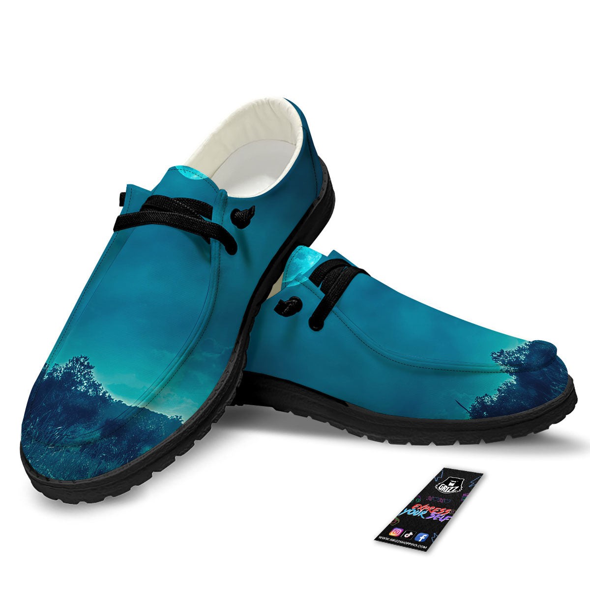 Moonlight And Night Forest Print Black Loafers-grizzshop