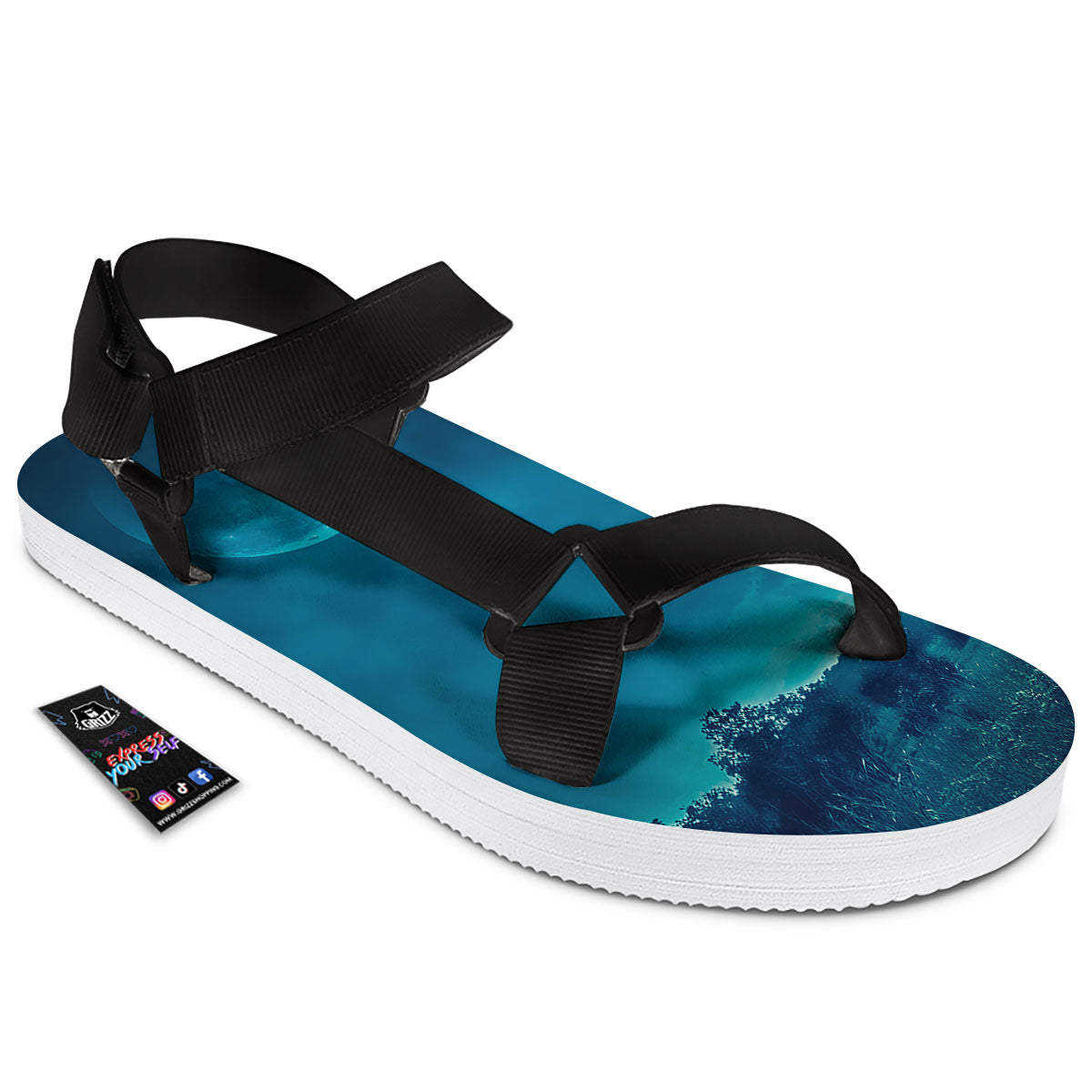 Moonlight And Night Forest Print Black Open Toe Sandals-grizzshop