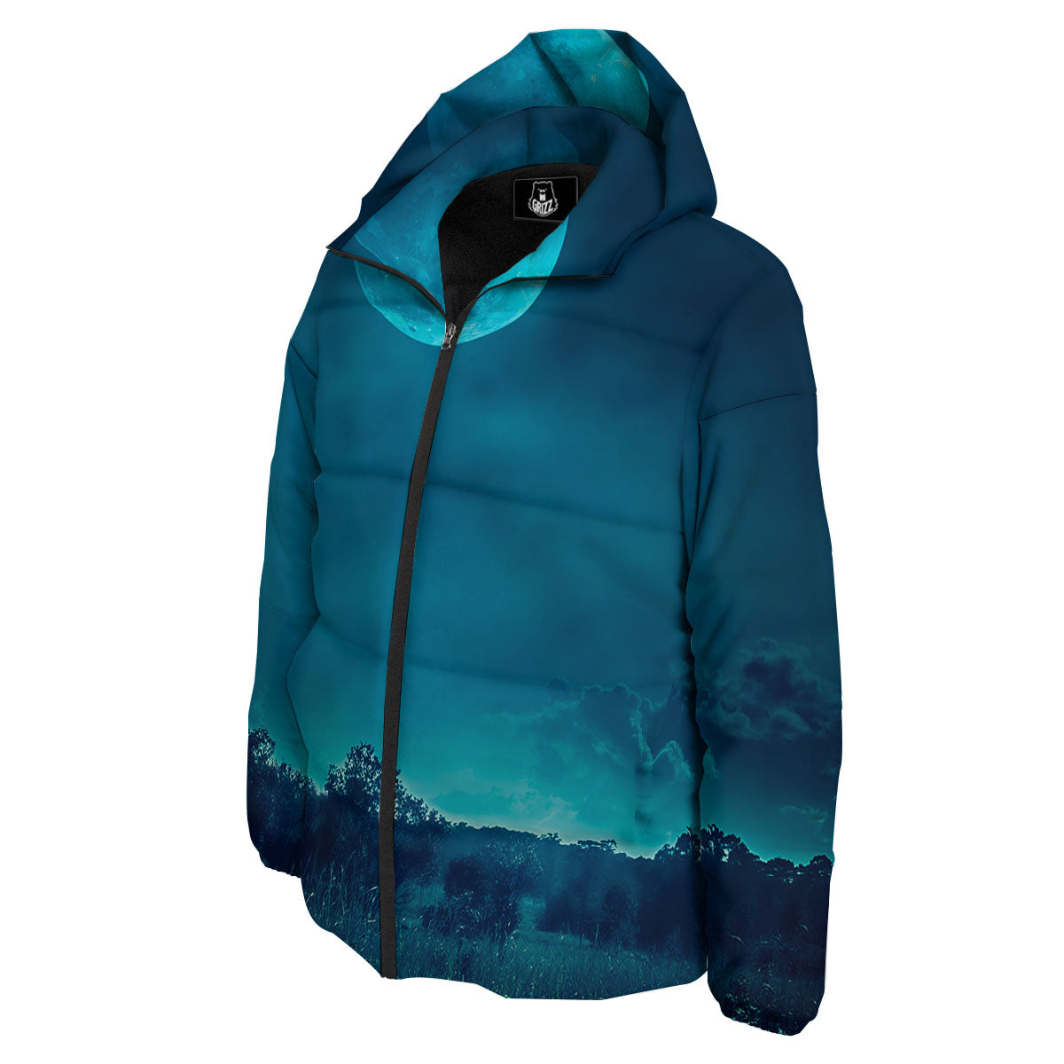 Moonlight And Night Forest Print Down Jacket-grizzshop