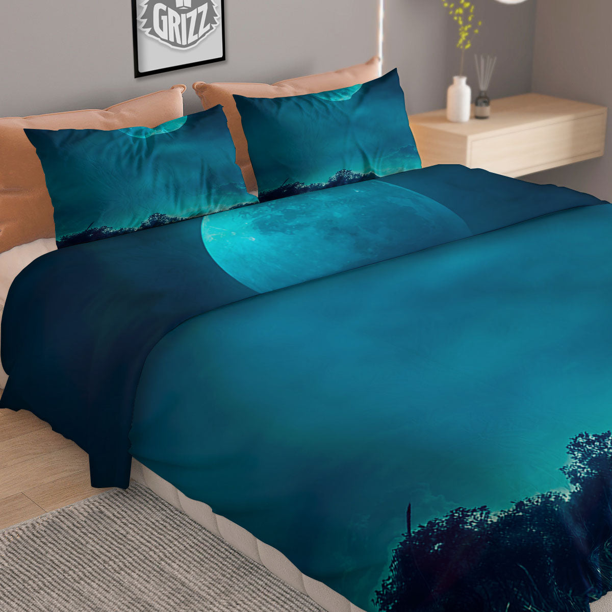 Moonlight And Night Forest Print Duvet Cover Bedding Set