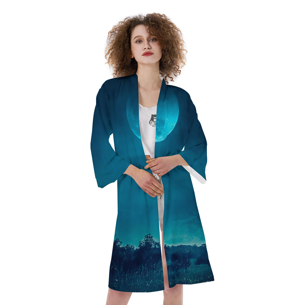 Moonlight And Night Forest Print Kimono-grizzshop