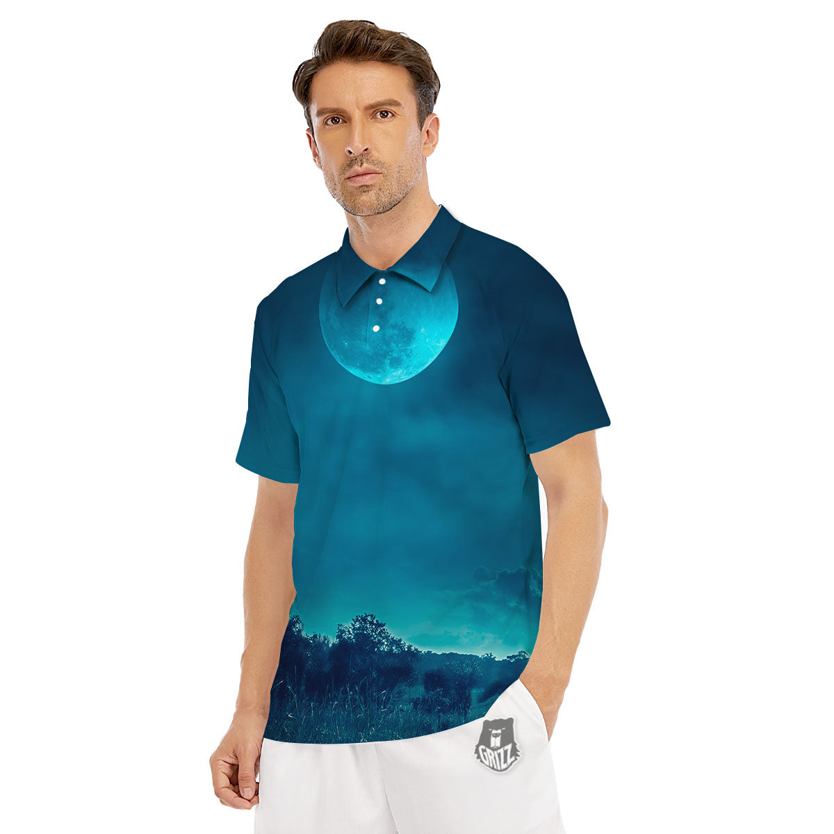 Moonlight And Night Forest Print Men's Golf Shirts-grizzshop
