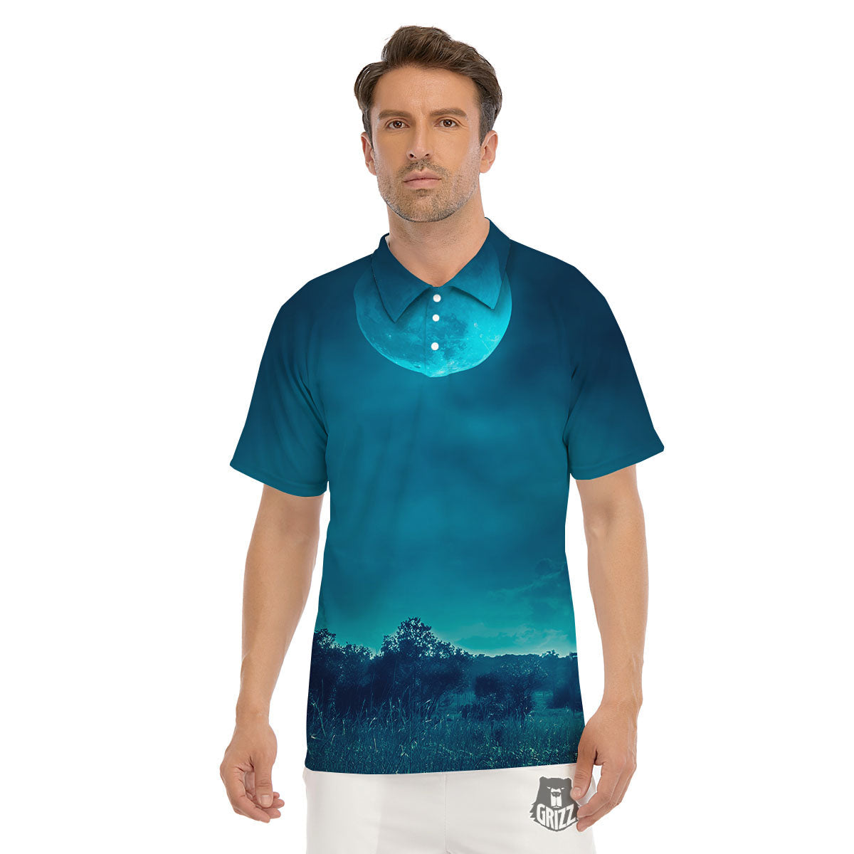 Moonlight And Night Forest Print Men's Golf Shirts-grizzshop