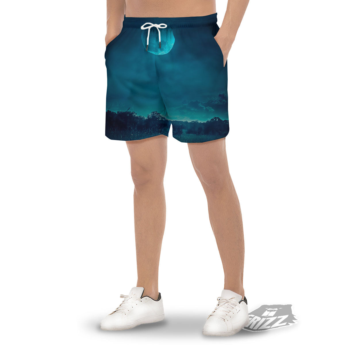 Moonlight And Night Forest Print Men's Gym Shorts-grizzshop