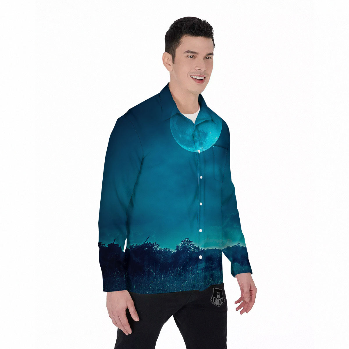 Moonlight And Night Forest Print Men's Long Sleeve Shirts-grizzshop