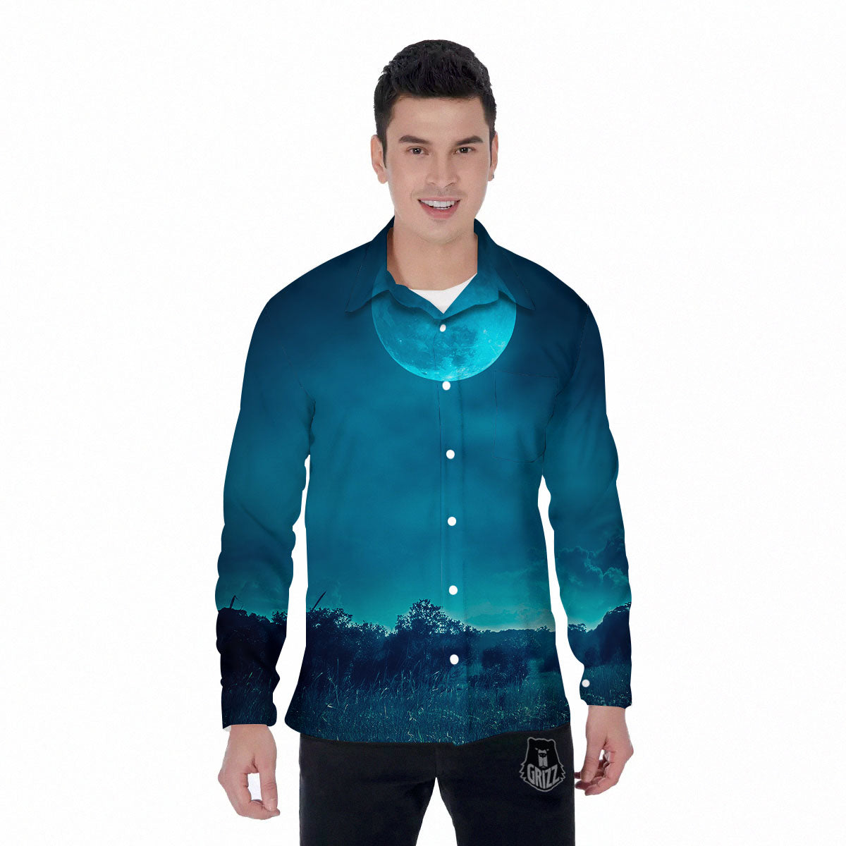 Moonlight And Night Forest Print Men's Long Sleeve Shirts-grizzshop