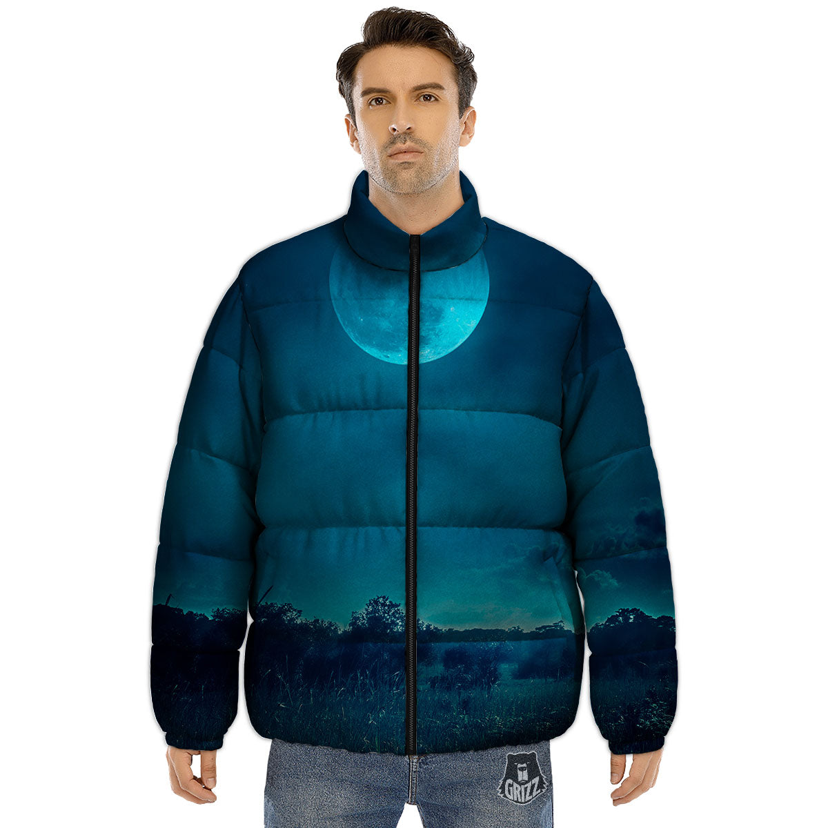 Moonlight And Night Forest Print Puffer Jacket-grizzshop