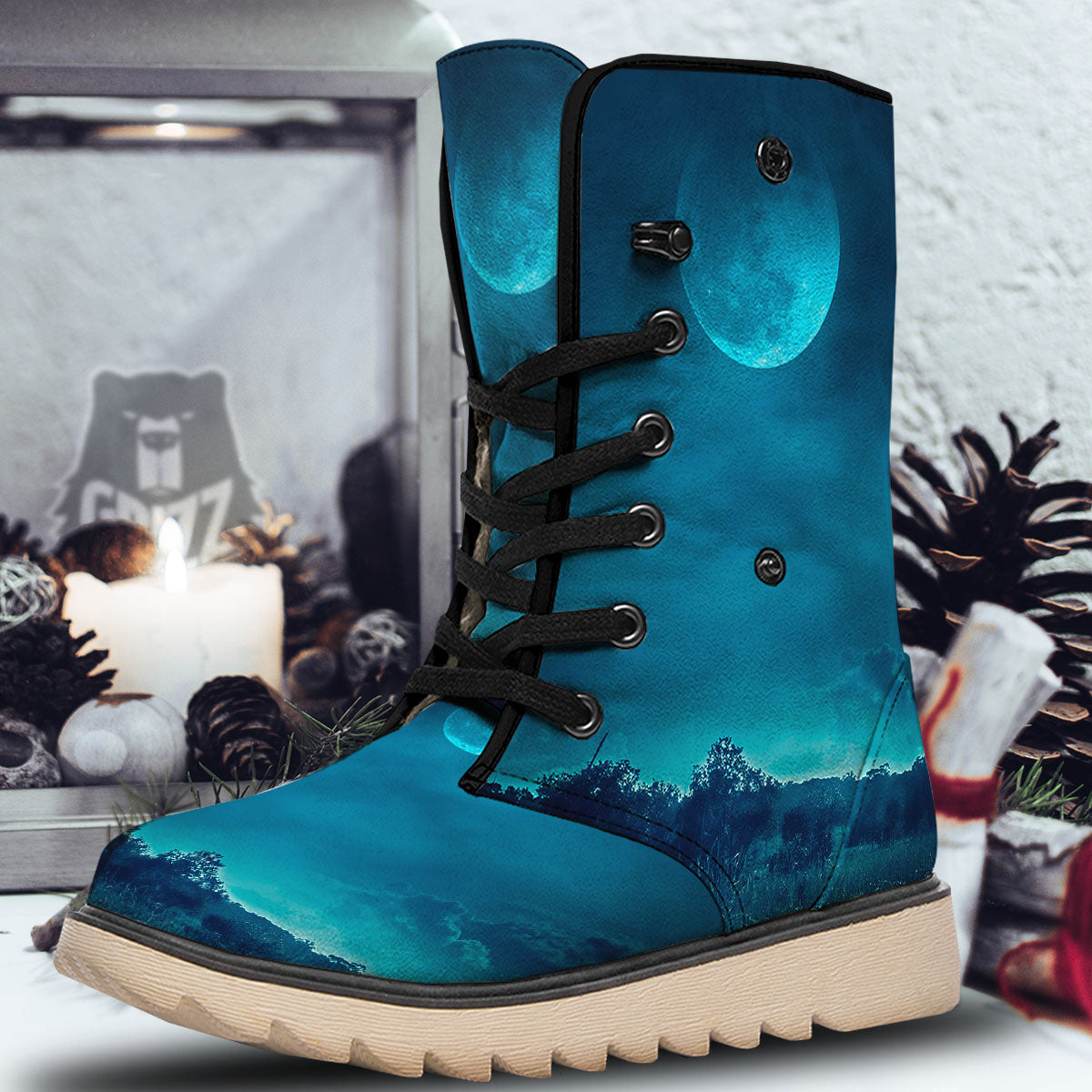Moonlight And Night Forest Print Snow Boots-grizzshop