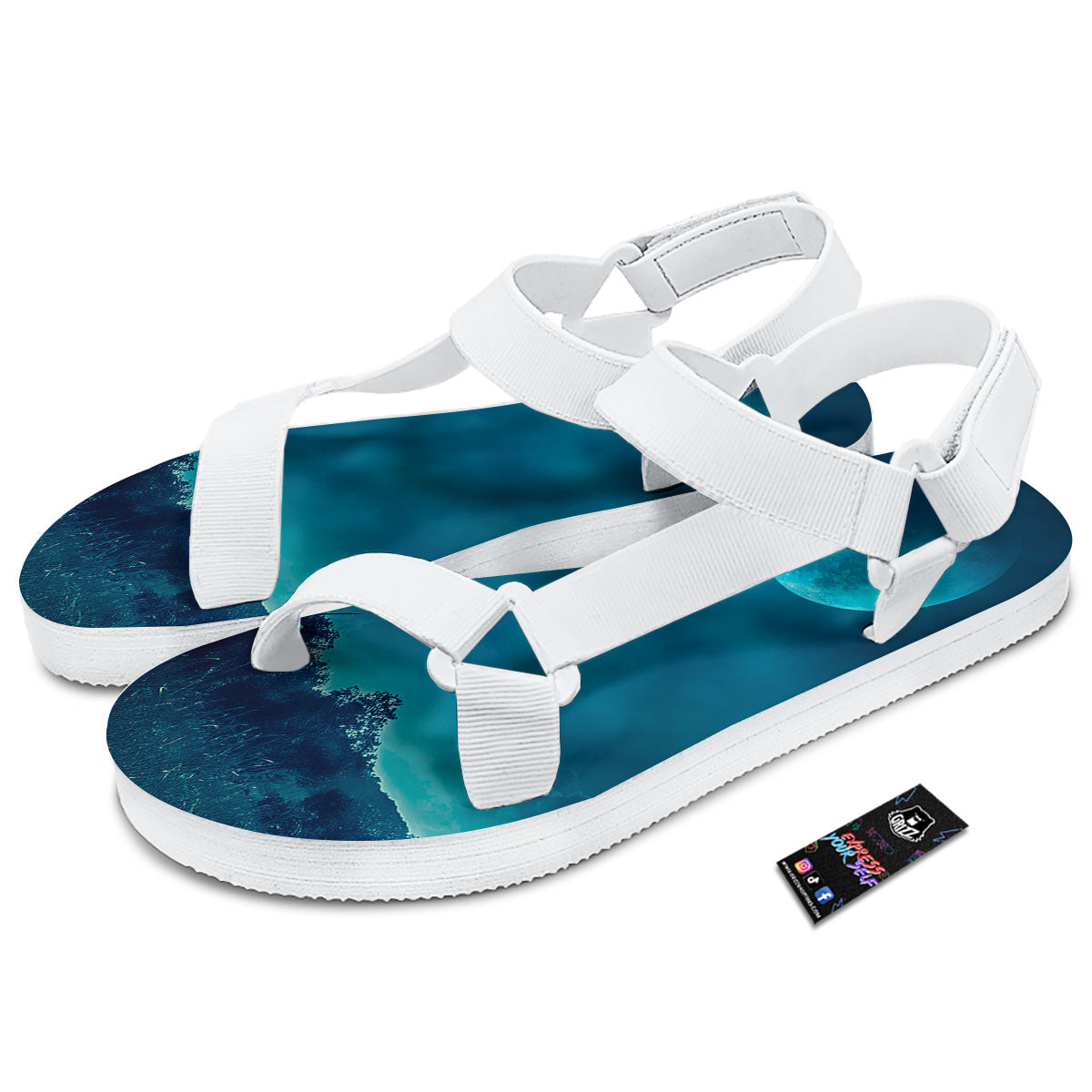 Moonlight And Night Forest Print White Open Toe Sandals-grizzshop
