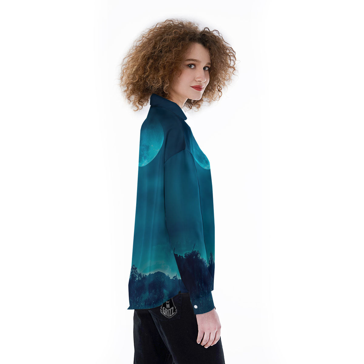 Moonlight And Night Forest Print Women's Long Sleeve Shirts-grizzshop