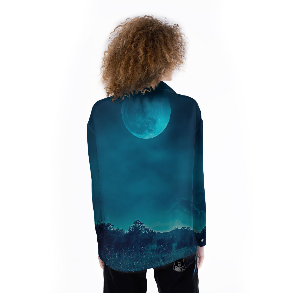 Moonlight And Night Forest Print Women's Long Sleeve Shirts-grizzshop