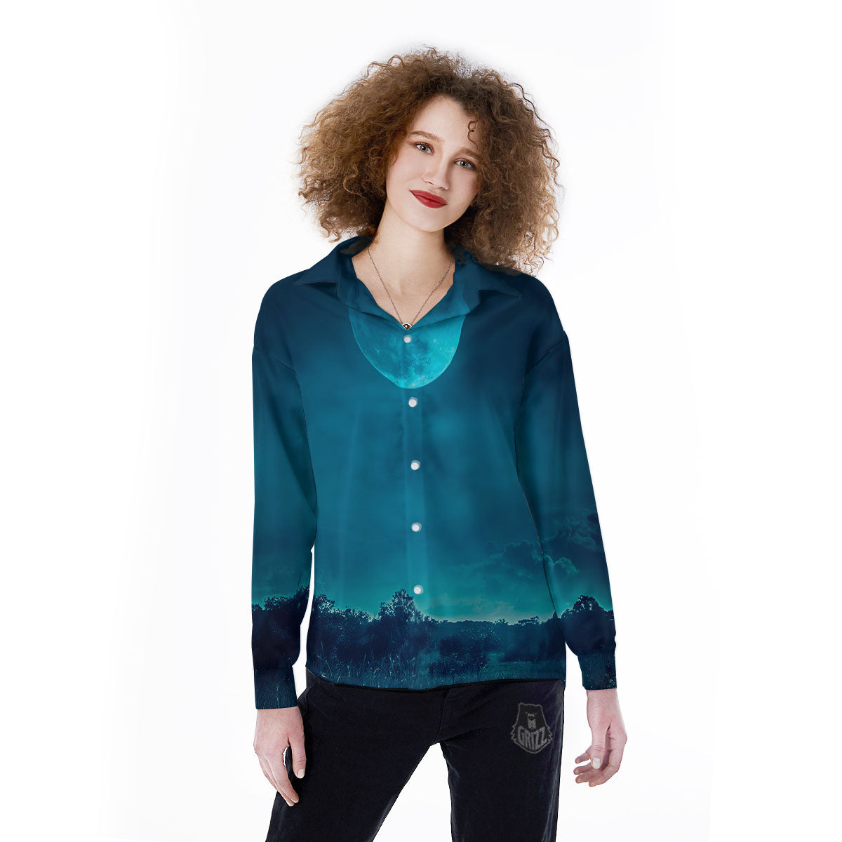 Moonlight And Night Forest Print Women's Long Sleeve Shirts-grizzshop