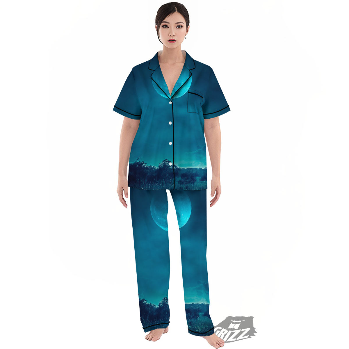 Moonlight And Night Forest Print Women's Pajamas Set-grizzshop