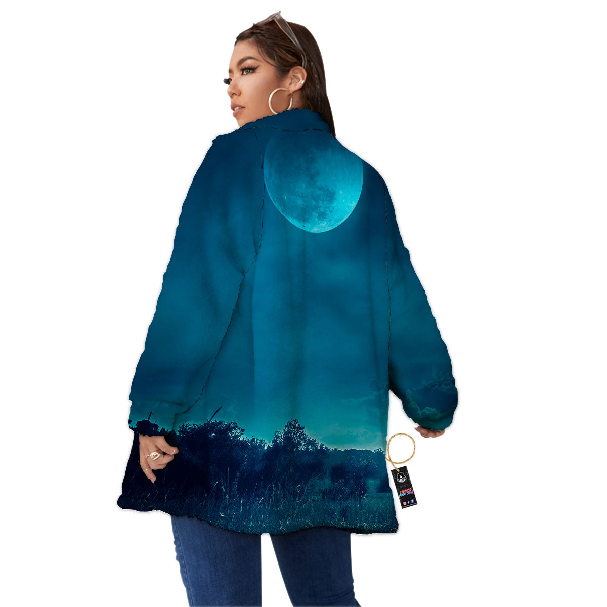 Moonlight And Night Forest Print Women's Sherpa Jacket-grizzshop