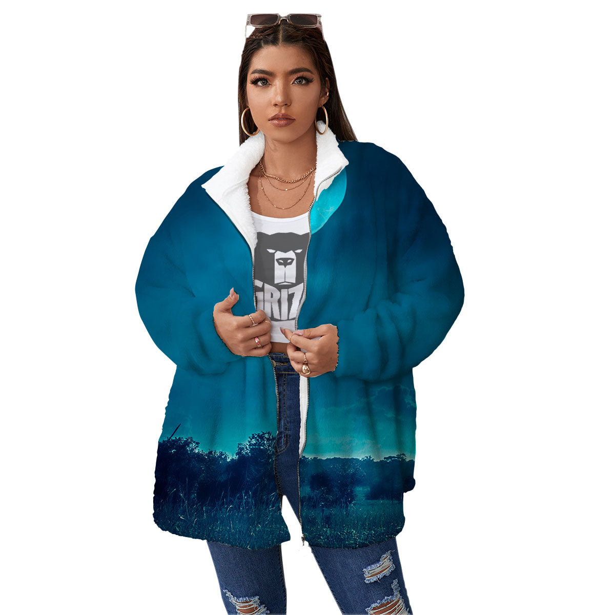 Moonlight And Night Forest Print Women's Sherpa Jacket-grizzshop