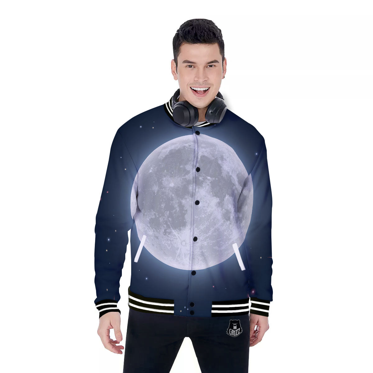 Moonlight And Night Sky Print Baseball Jacket-grizzshop