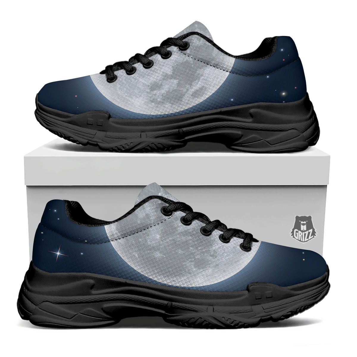 Moonlight And Night Sky Print Black Chunky Shoes-grizzshop