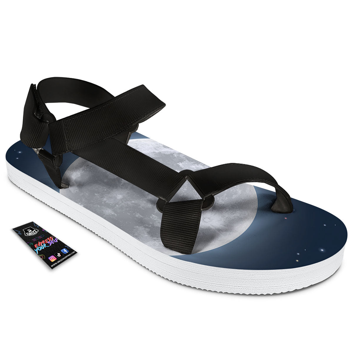 Moonlight And Night Sky Print Black Open Toe Sandals-grizzshop