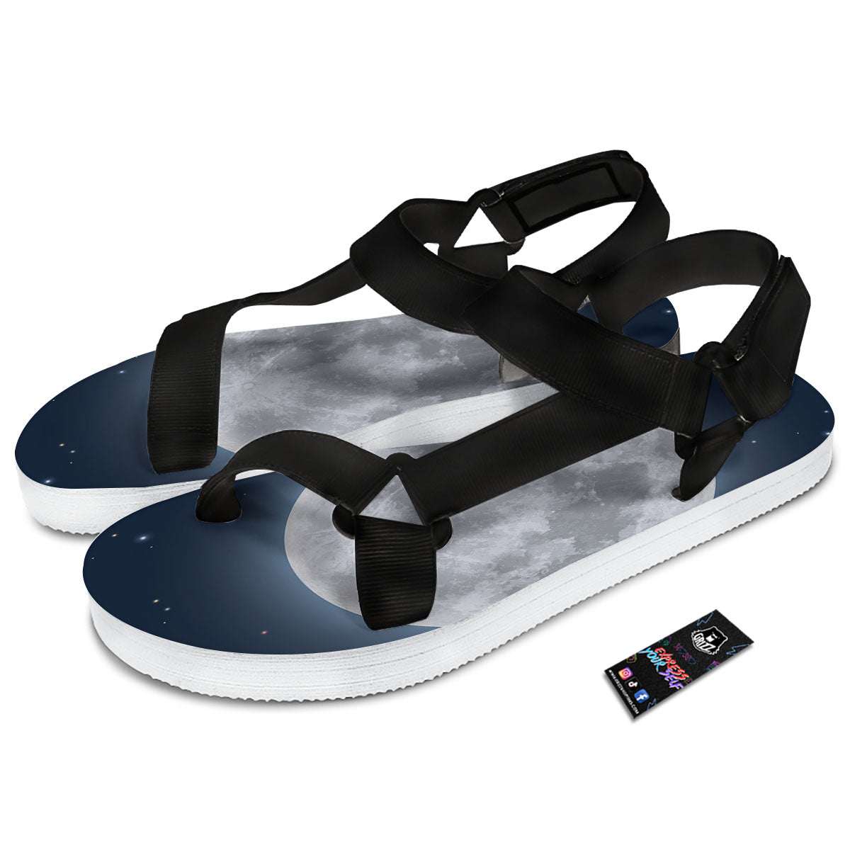 Moonlight And Night Sky Print Black Open Toe Sandals-grizzshop