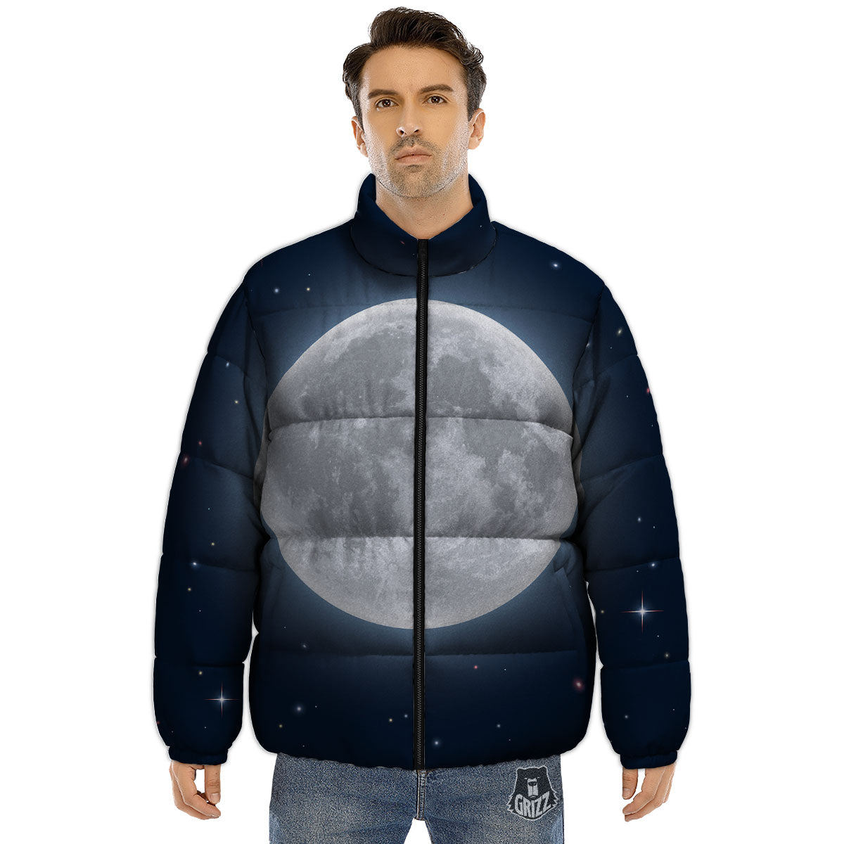 Moonlight And Night Sky Print Puffer Jacket-grizzshop