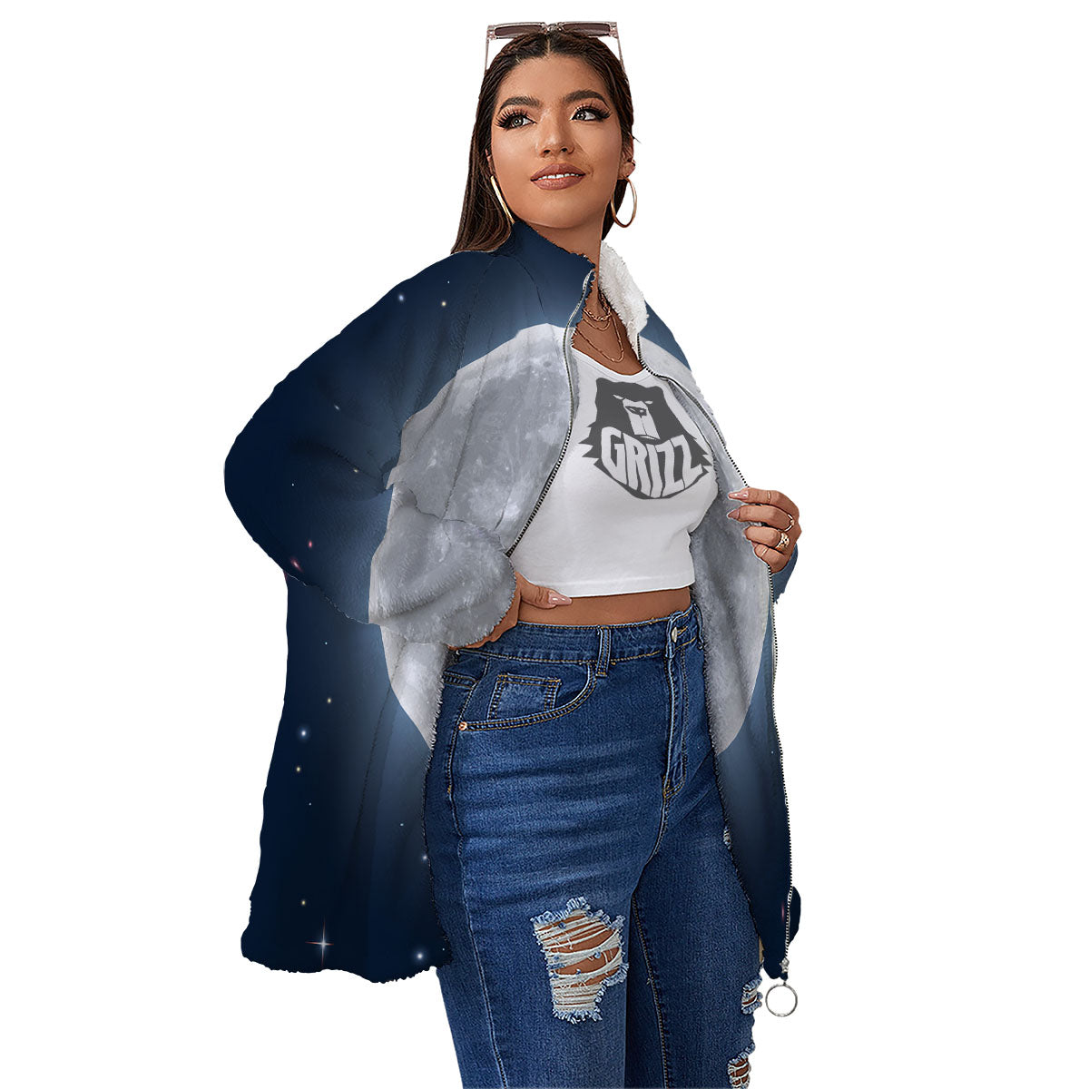 Moonlight And Night Sky Print Women's Sherpa Jacket-grizzshop