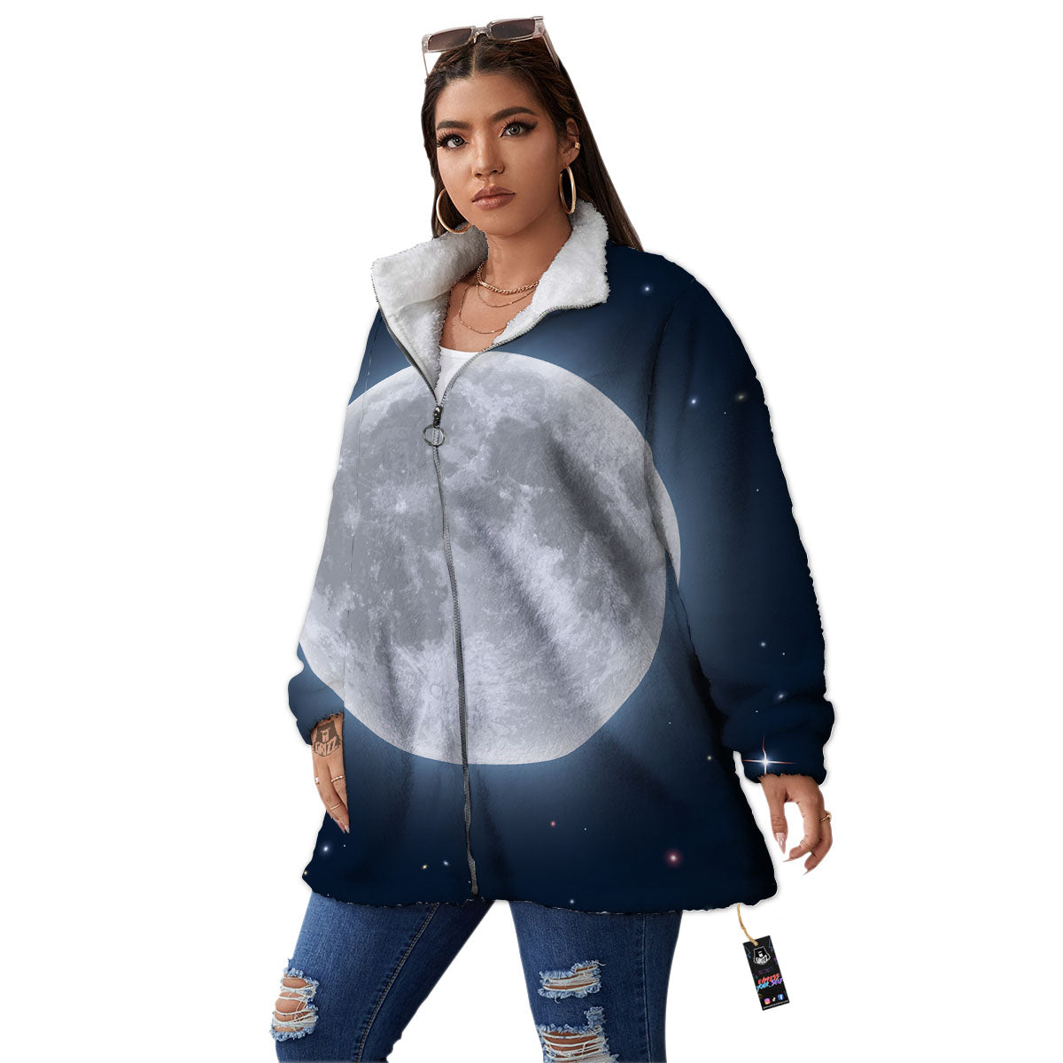 Moonlight And Night Sky Print Women's Sherpa Jacket-grizzshop