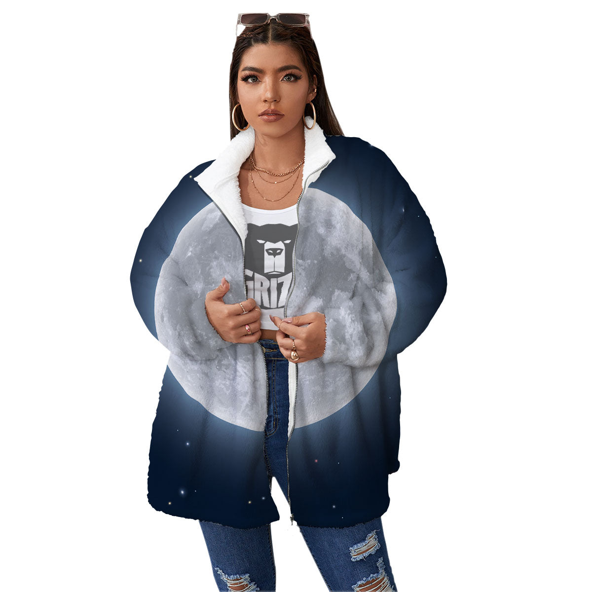 Moonlight And Night Sky Print Women's Sherpa Jacket-grizzshop