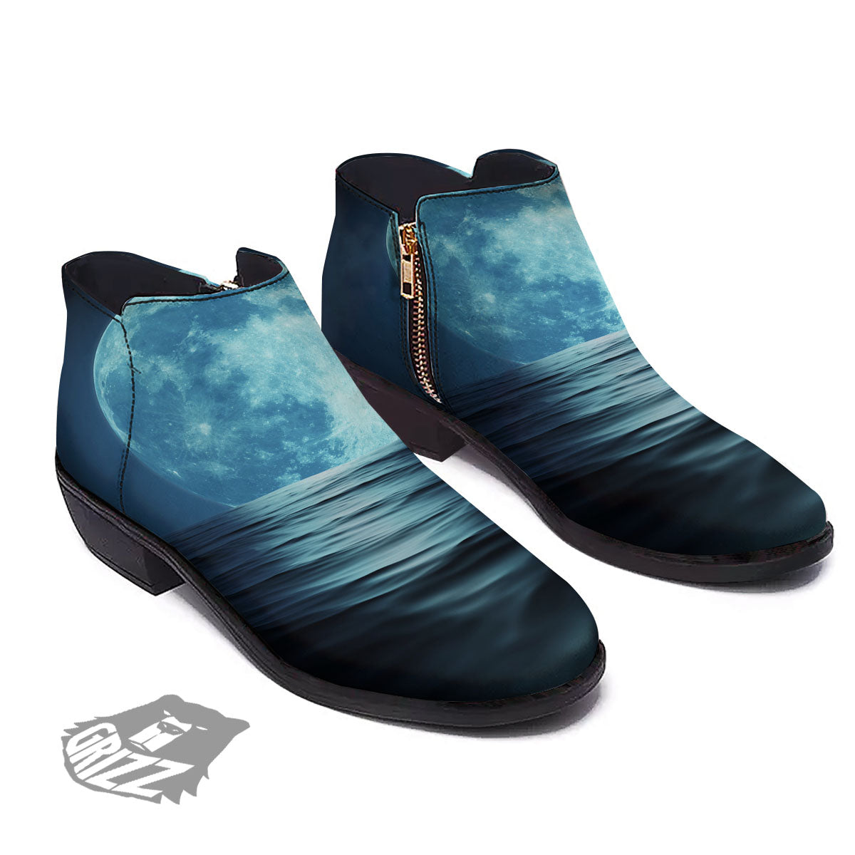 Moonlight And The Sea Print Ankle Boots-grizzshop