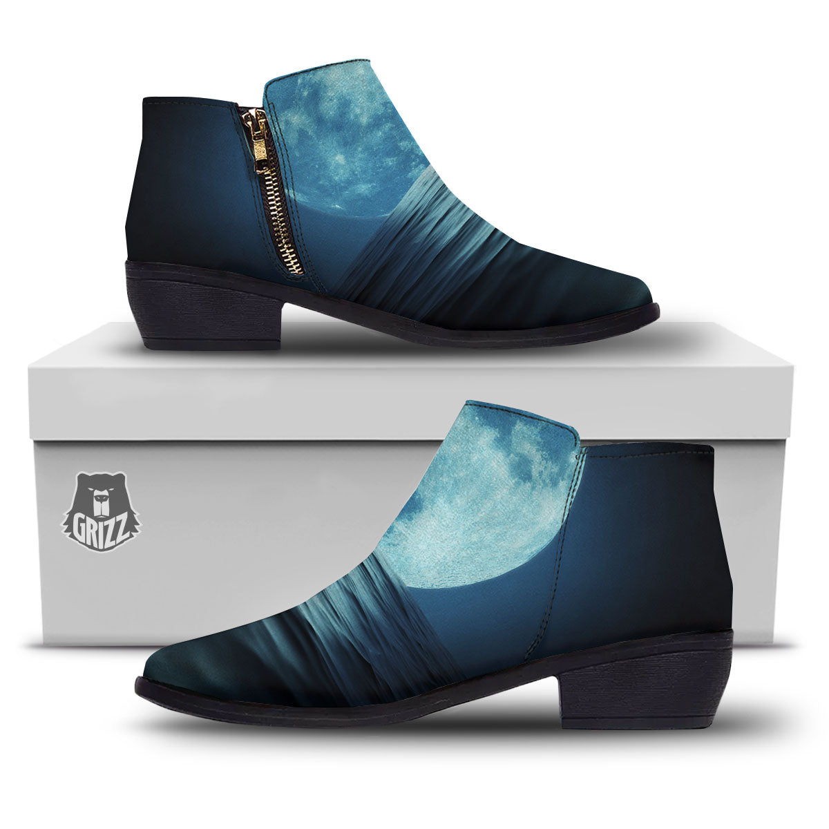 Moonlight And The Sea Print Ankle Boots-grizzshop