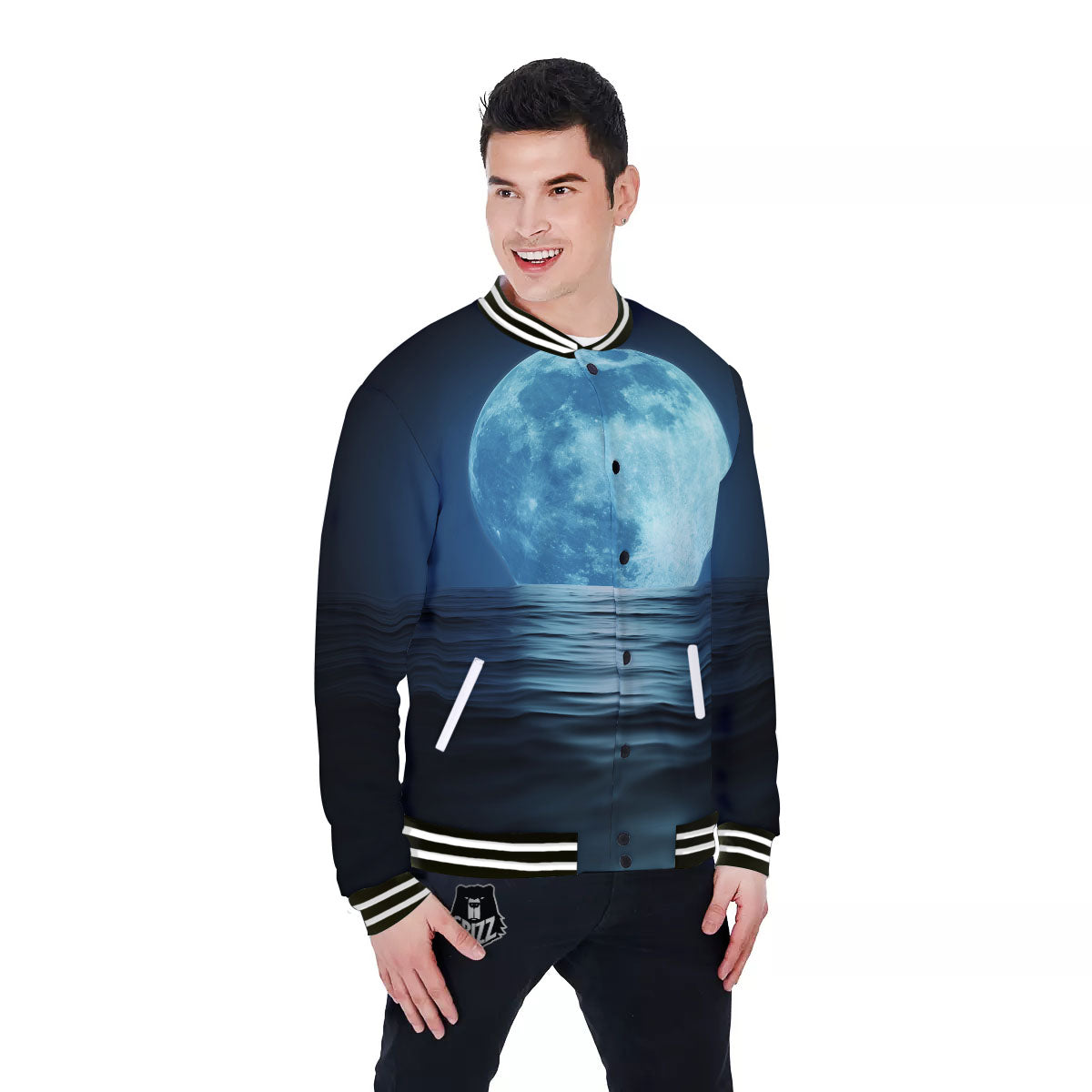 Moonlight And The Sea Print Baseball Jacket-grizzshop