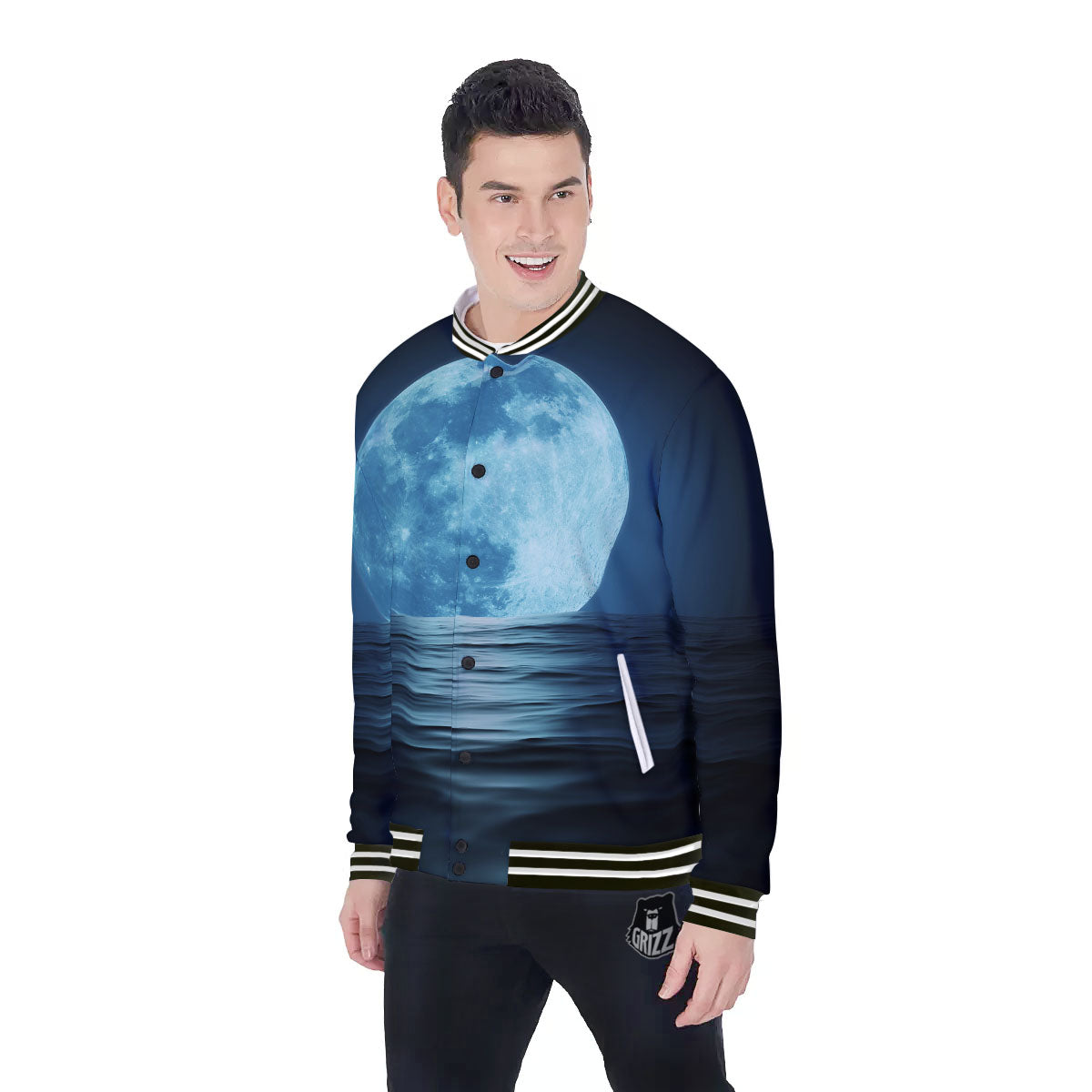 Moonlight And The Sea Print Baseball Jacket-grizzshop