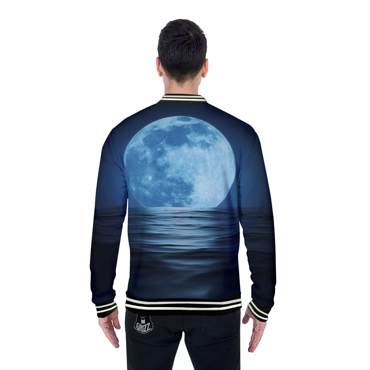 Moonlight And The Sea Print Baseball Jacket-grizzshop
