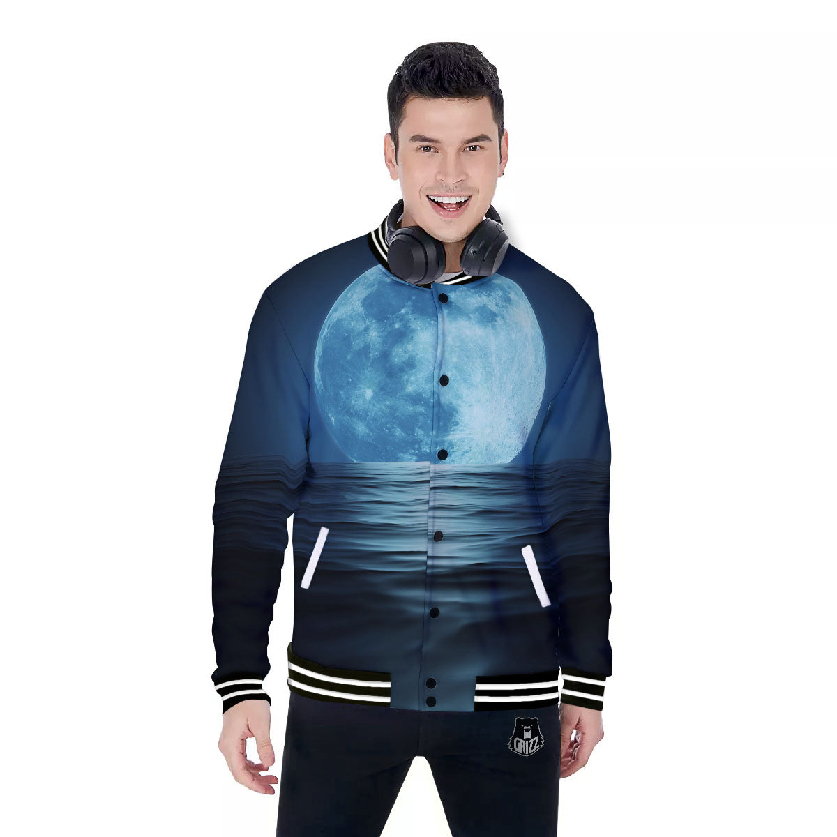 Moonlight And The Sea Print Baseball Jacket-grizzshop