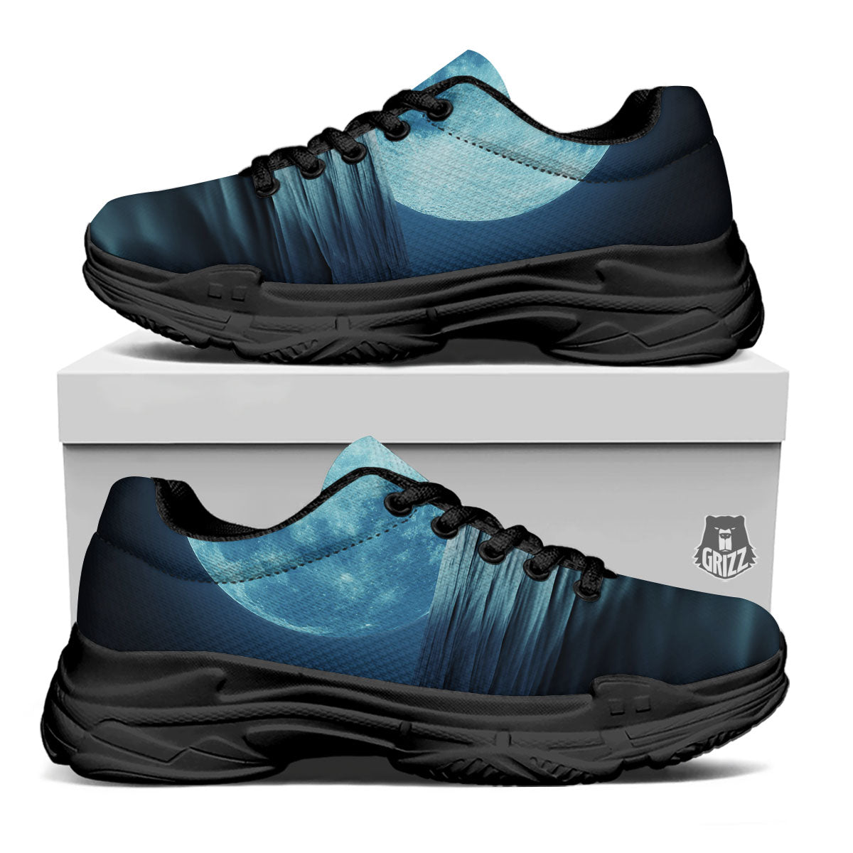 Moonlight And The Sea Print Black Chunky Shoes-grizzshop