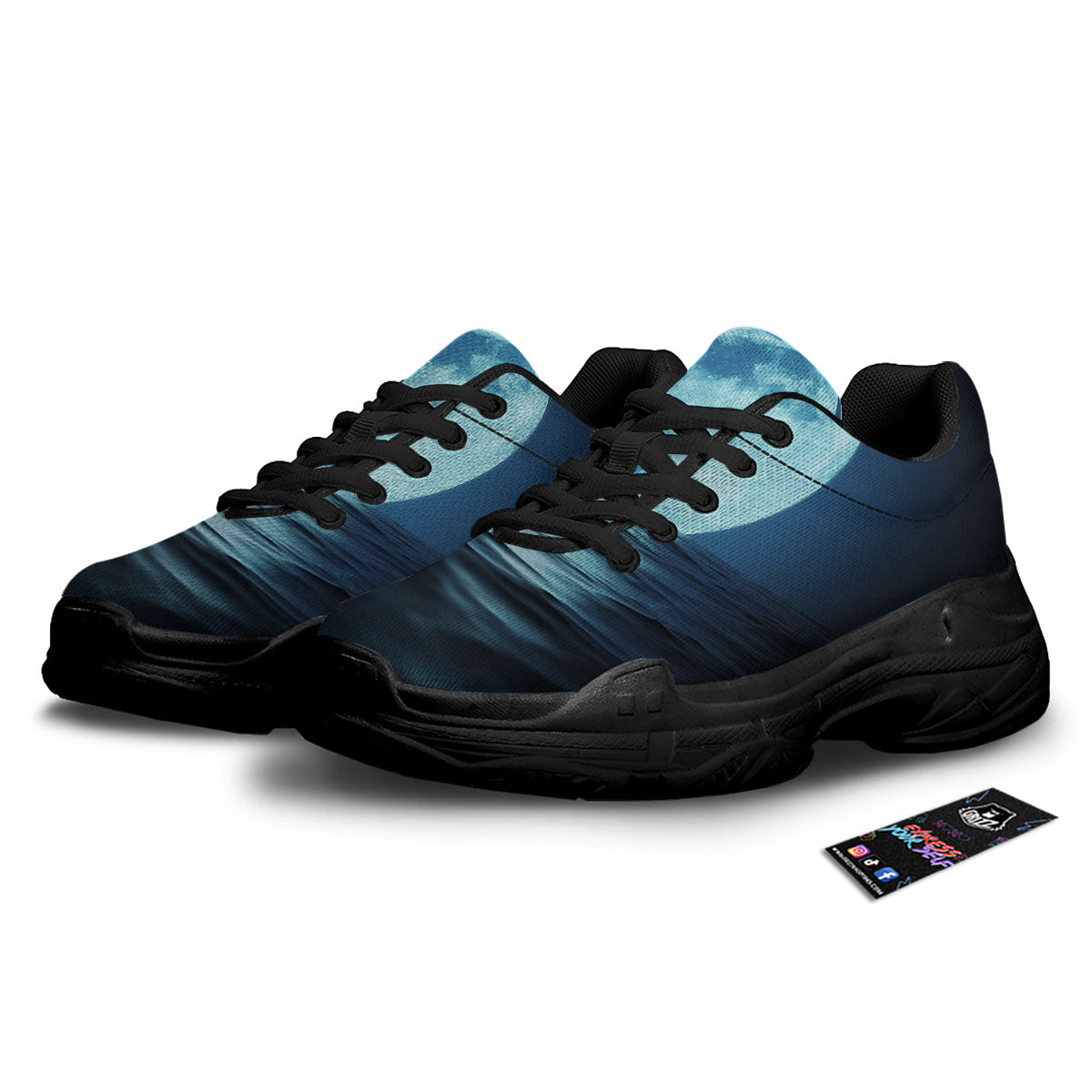 Moonlight And The Sea Print Black Chunky Shoes-grizzshop