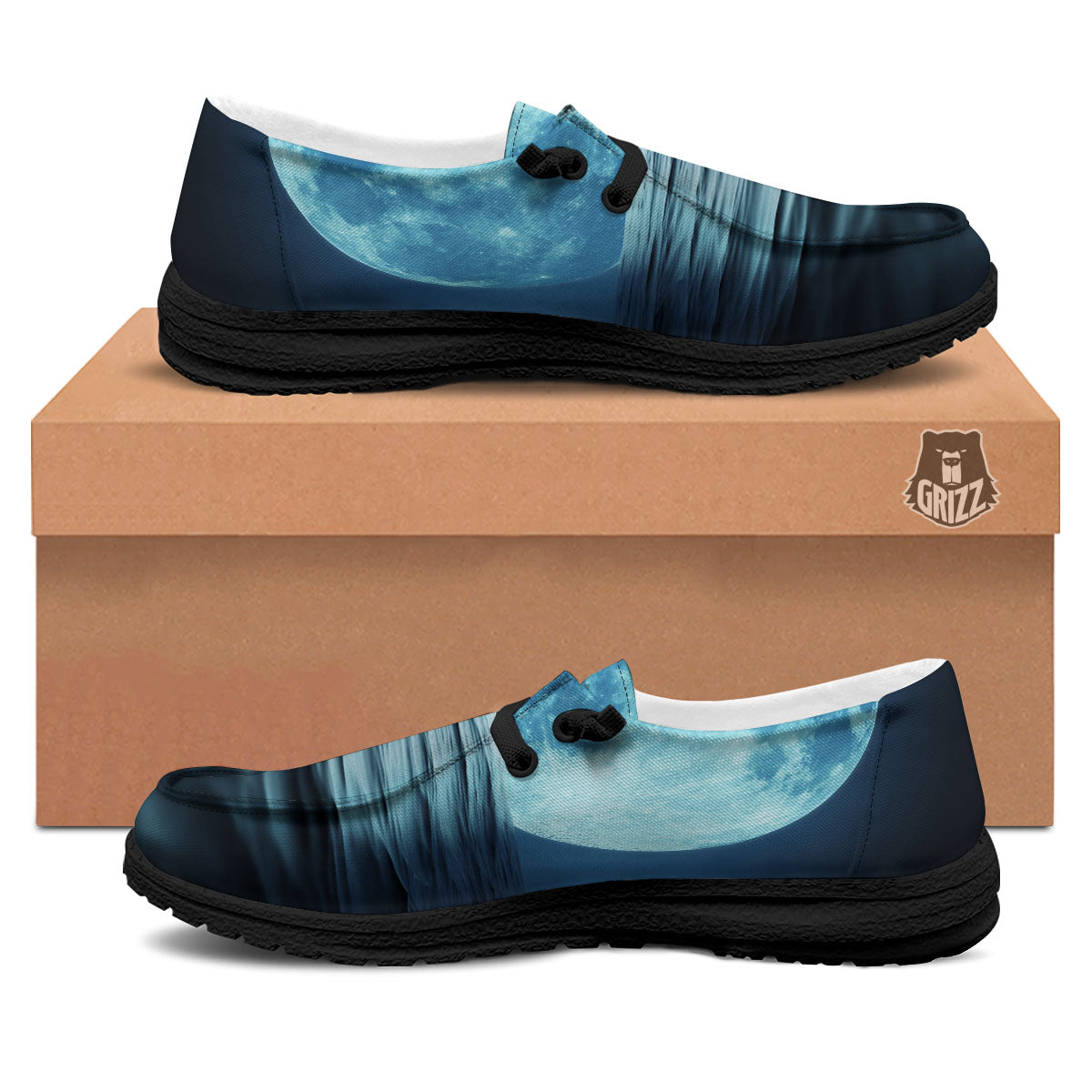 Moonlight And The Sea Print Black Loafers-grizzshop