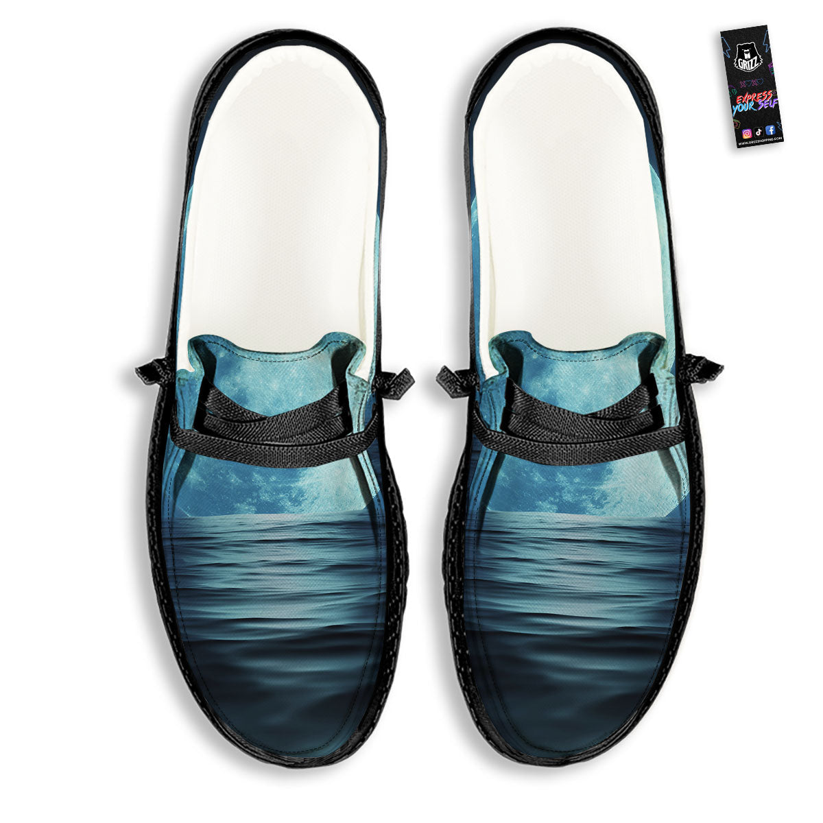 Moonlight And The Sea Print Black Loafers-grizzshop