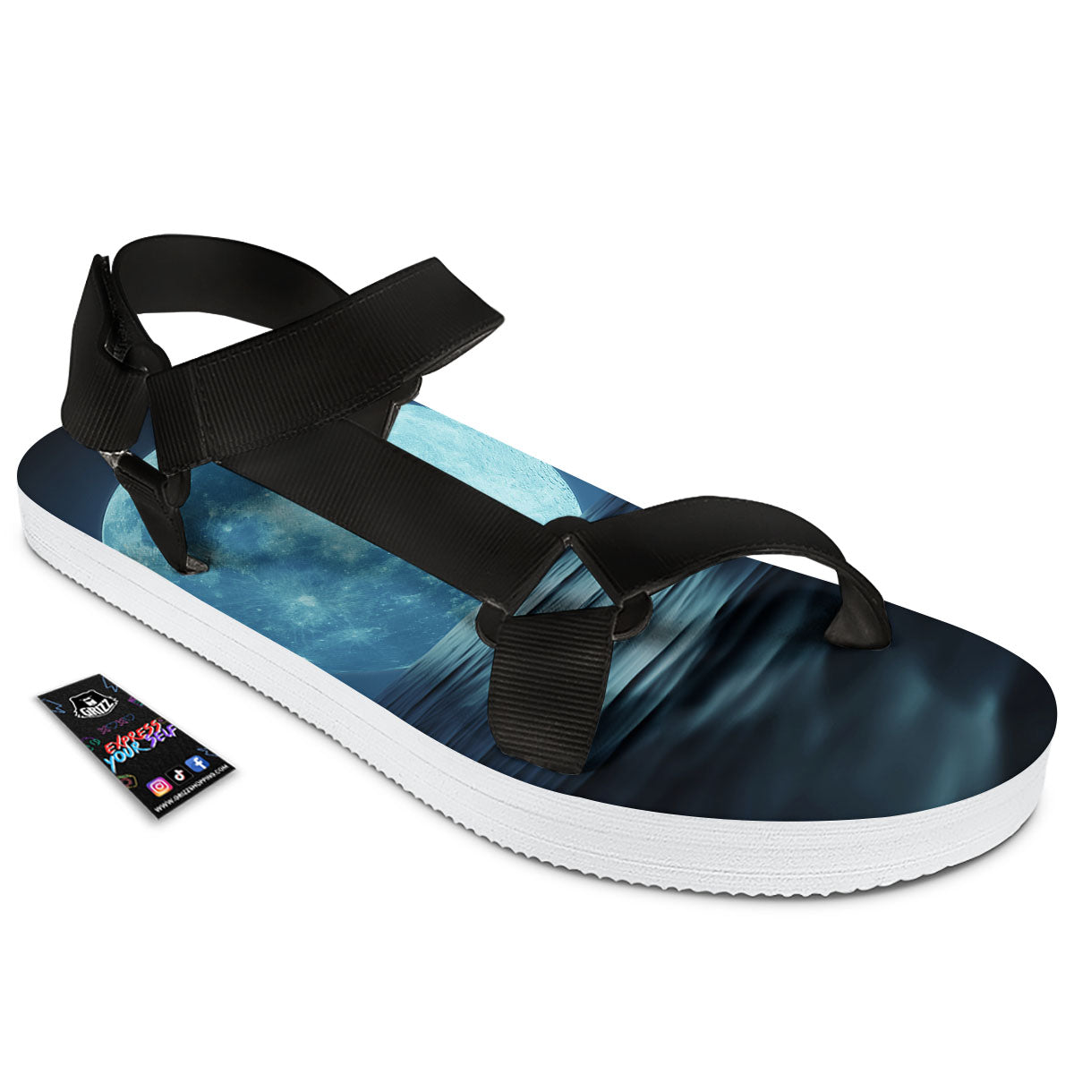 Moonlight And The Sea Print Black Open Toe Sandals-grizzshop