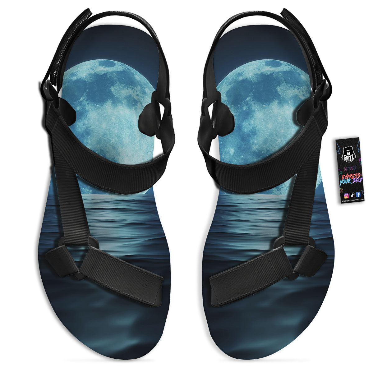 Moonlight And The Sea Print Black Open Toe Sandals-grizzshop