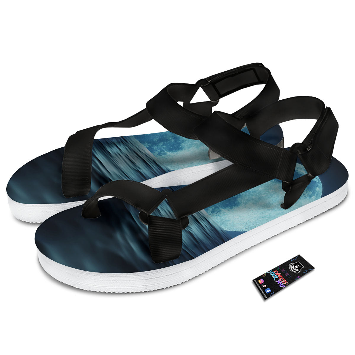 Moonlight And The Sea Print Black Open Toe Sandals-grizzshop